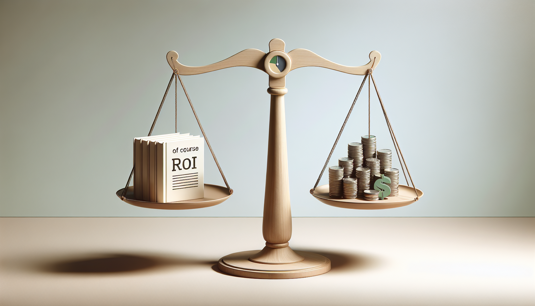 Scale balancing a book and coins, symbolizing ROI.