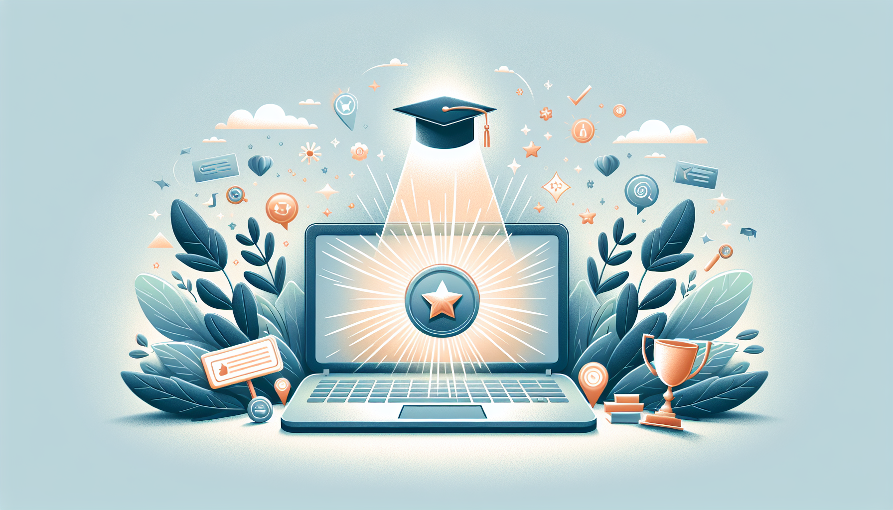 "Illustration of online learning and achievement symbols."