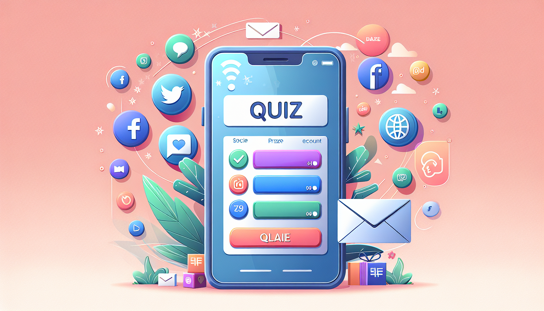 Mobile quiz promotion with social media icons.