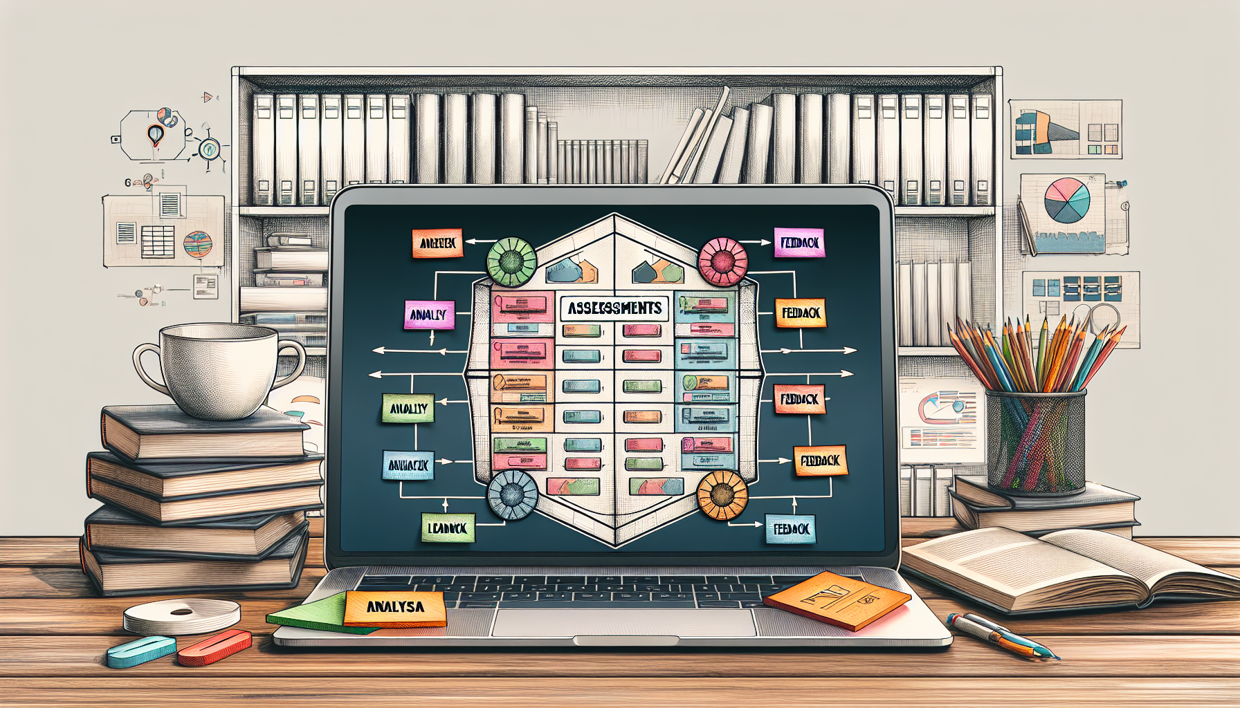 Aligning learning objectives with assessments at a desk.