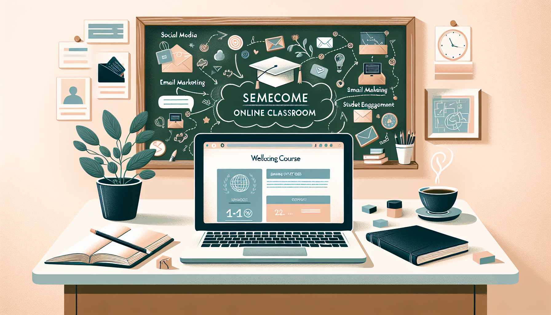 Serene online classroom with marketing strategies display.