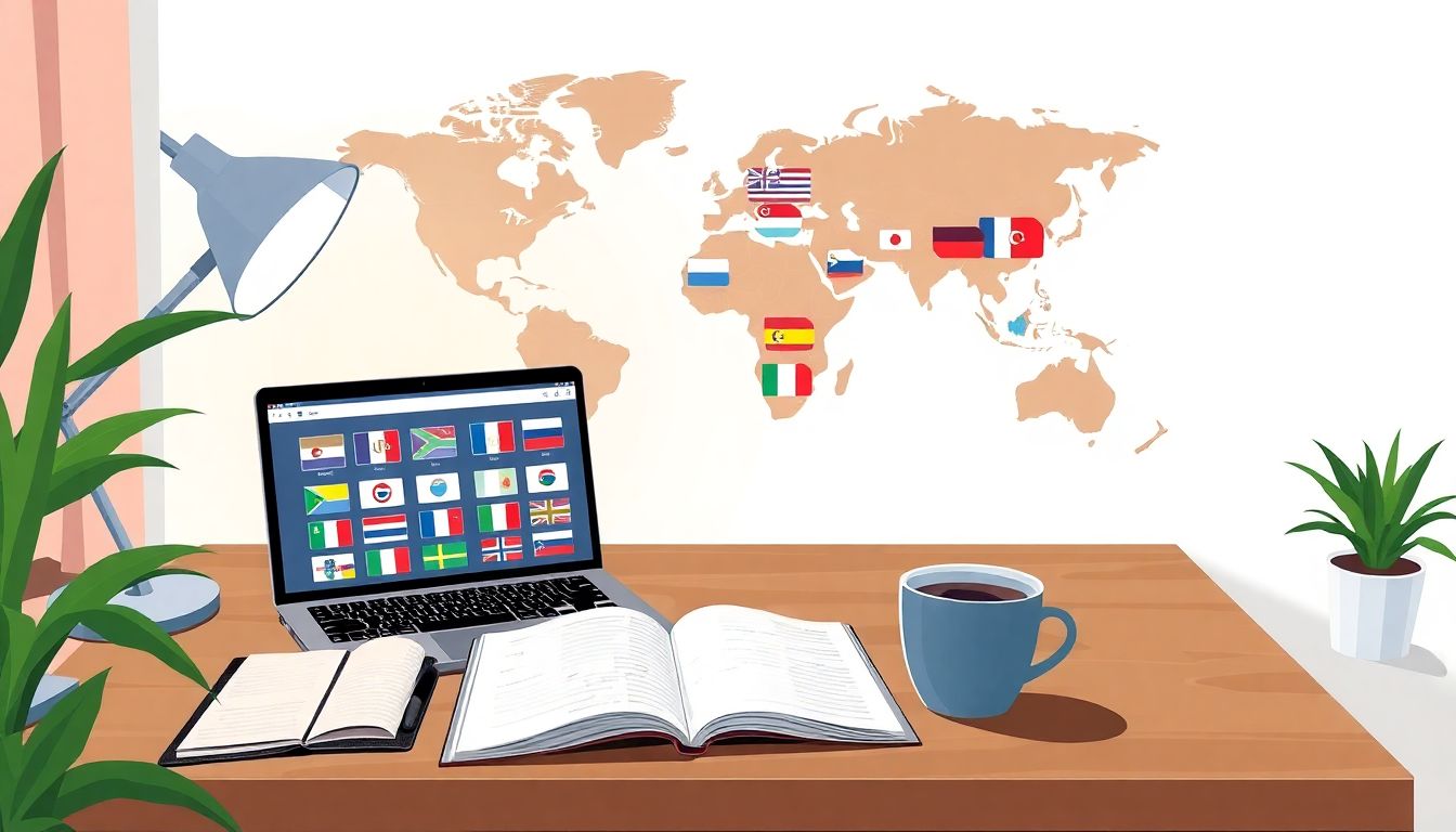 Alt text: "A cozy multilingual workspace featuring a desk with a laptop open to language learning software, an open notebook, and a steaming cup of coffee. In the background, a world map adorned with various language flags symbolizes global connectivity. The scene is softly lit, creating an inviting atmosphere with a minimalistic design that emphasizes inclusivity and the joy of learning."