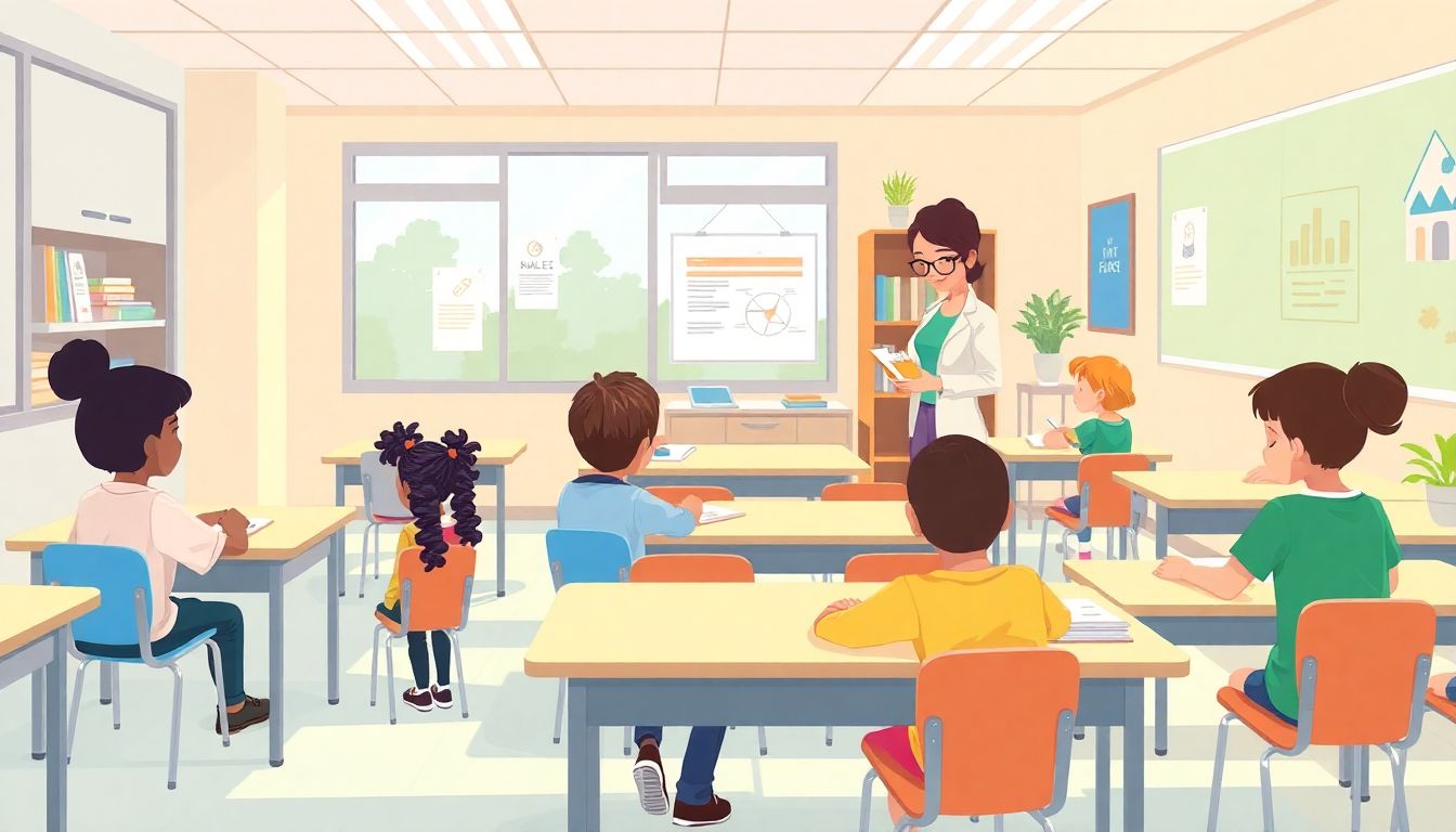 Alt text: "An illustration of a serene and inclusive classroom designed for neurodiverse learners, featuring several organized desks bathed in soft natural light. The room is decorated with calming colors and motivational posters. A diverse group of students, engaged with books and technology, are seated at the desks. An empathetic teacher is guiding them, creating a supportive and nurturing atmosphere. The overall scene conveys a sense of community and understanding, with minimal distractions to encourage focus on learning."