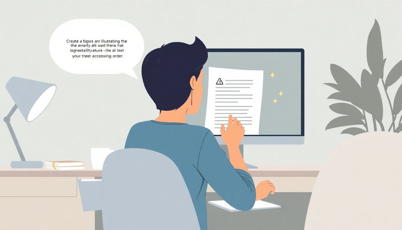 A serene minimalist illustration of a person sitting at a desk, intently reviewing a document on a computer screen. The workspace is inviting, decorated with soft colors and gentle lighting. On the desk, there's a notebook and a coffee cup, symbolizing focus and creativity. The computer screen displays a document with subtle graphics or icons suggesting accessibility features, such as alt text and logical reading order. The overall atmosphere conveys empowerment and clarity, highlighting the journey toward creating accessible documents.