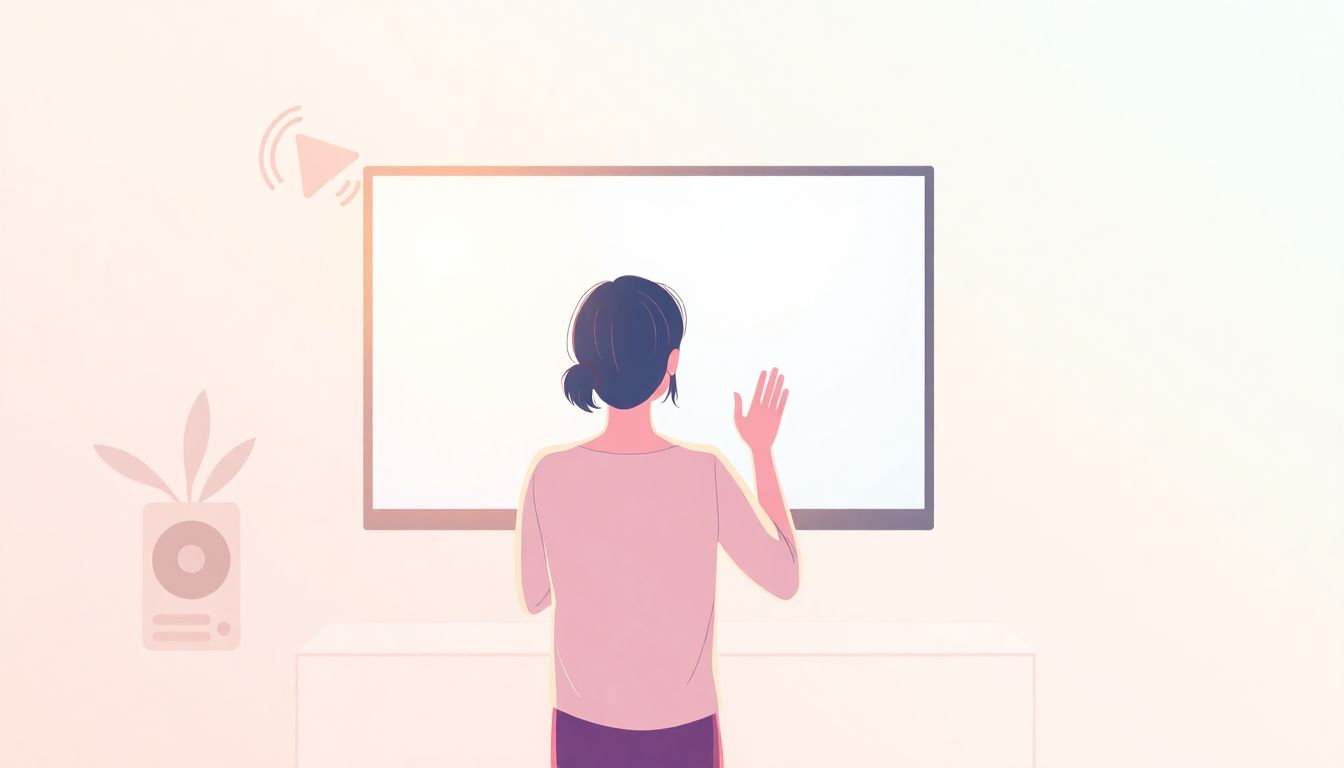 Alt text: An illustration showing an individual using American Sign Language in front of a softly glowing screen that displays video content. The scene features a tranquil color palette of soft pastels and minimalistic design, conveying a sense of calm and accessibility. Subtle symbols of connection, like gentle lines and sound waves, are present in the background, emphasizing the relationship between sign language and digital media, and highlighting the theme of inclusivity in digital content creation.