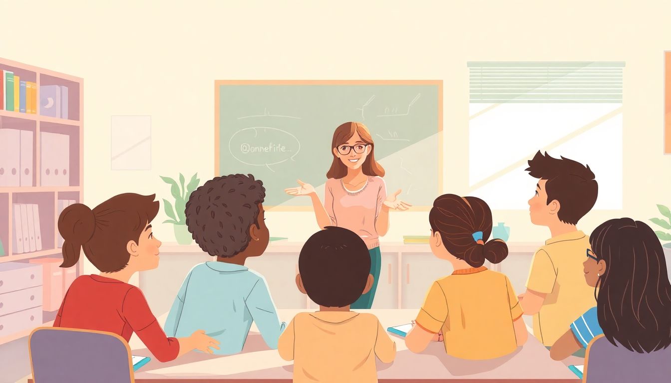 Alt text: A vibrant illustration of a welcoming classroom designed for inclusive learning, featuring a teacher using visual aids and gestures to engage a diverse group of students with hearing impairments. The classroom is filled with warm colors, creating a supportive atmosphere. Students are actively participating and interacting with one another, emphasizing the importance of connection and accessibility in education.