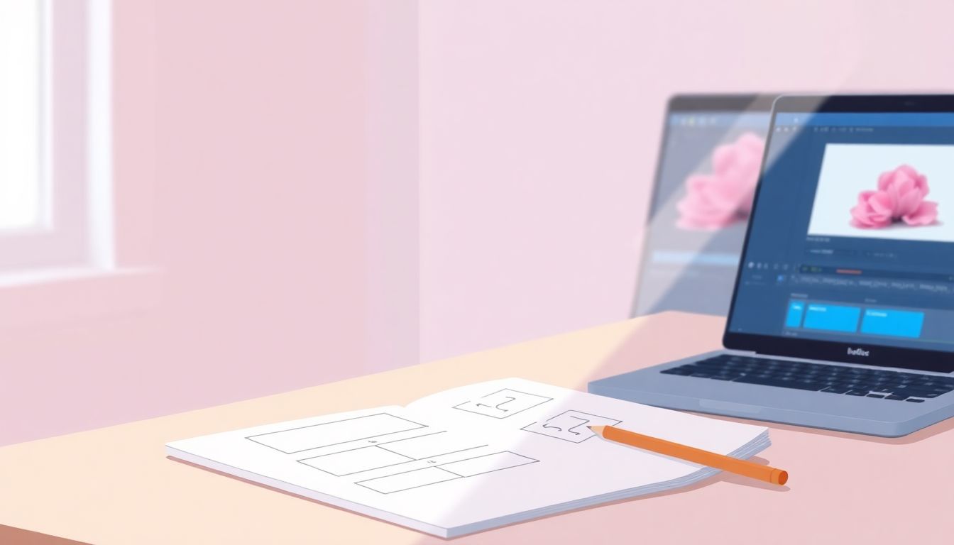 Alt text: A minimalistic illustration of a serene workspace for storyboarding course videos, featuring a simple desk with an open sketchbook displaying rough storyboard sketches and a pencil. Natural light streams in from a nearby window, creating a calm atmosphere. In the background, a blurred laptop screen shows video editing software. The soothing pastel color palette enhances the sense of creativity and inspiration, inviting viewers into the world of visual storytelling.