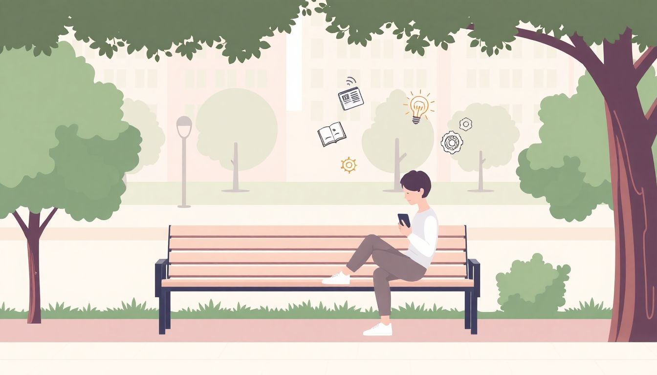 A minimalist illustration of a tranquil urban park scene. In the foreground, a person sits on a simple bench, absorbed in their mobile device, with a relaxed posture. Surrounding them are a few trees and soft, winding pathways. Floating around the individual are subtle icons representing learning, such as books, lightbulbs, and gears. The color palette is soothing, featuring pastel tones that convey a sense of calm and focus.