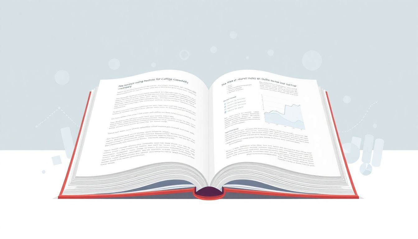 Alt text: "A minimalist illustration of an open book with faint text and diagrams on its pages, representing research and analysis. Surrounding the book are soft, blended icons of data, including bar graphs and pie charts. The color palette features calming shades of blue and white, creating an inviting atmosphere that inspires clarity and focus in understanding complex information."