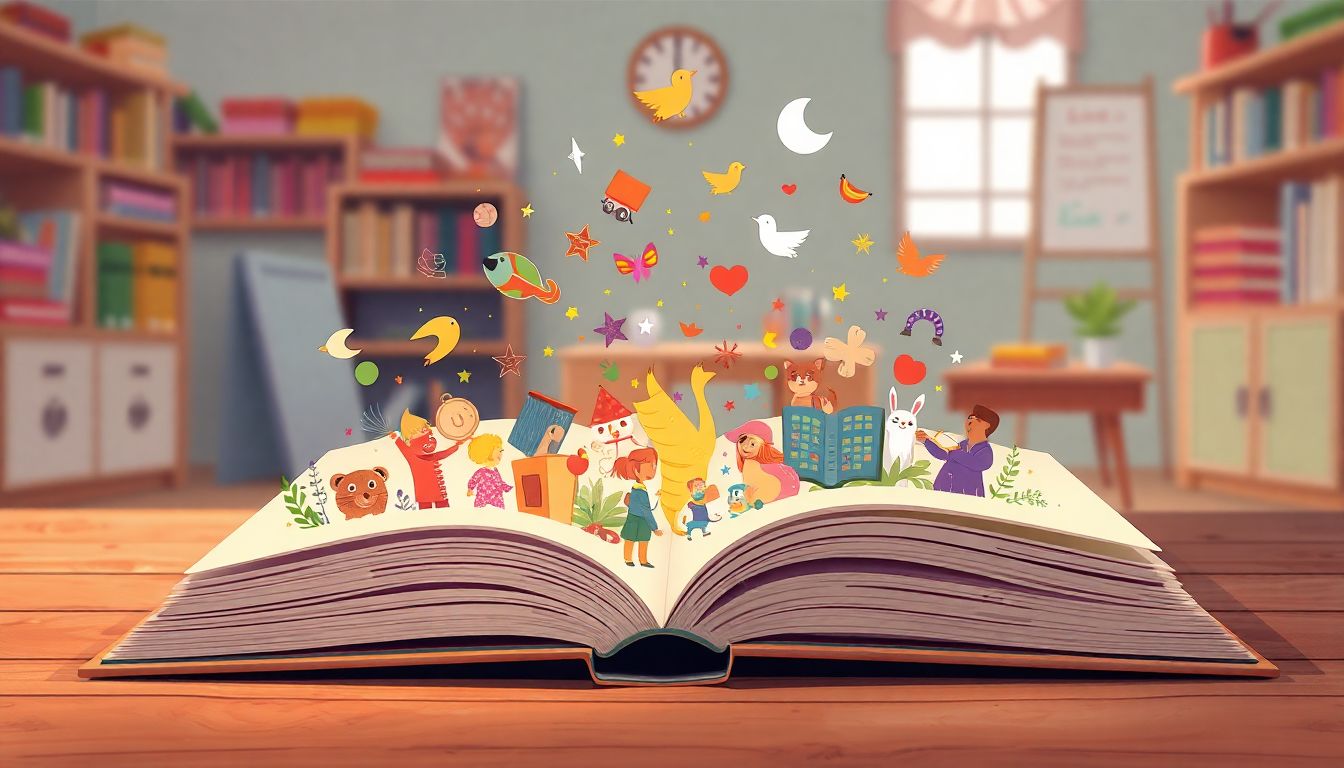 Alt text: "An open book with vibrant, whimsical illustrations bursting from its pages, symbolizing stories coming to life. The scene captures the essence of storytelling in education, set against a softly suggested cozy classroom background. The warm and inviting colors create a tranquil atmosphere, highlighting the inspiring connection between learning and imaginative storytelling."