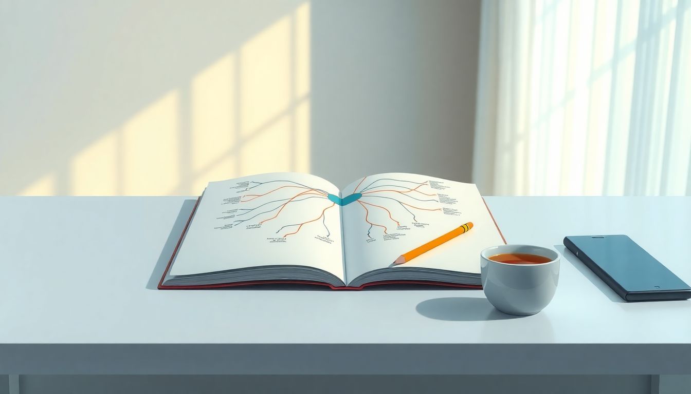 Alt text: A serene minimalist workspace is depicted, featuring a large, open notebook resting on a clean desk. The notebook displays a colorful, intricate mind map with branches extending outward, symbolizing organized ideas and creativity. Soft, natural light streams in through a nearby window, highlighting a single pencil and a cup of tea or coffee. The background is gently blurred, drawing focus to the mind map and workspace elements that create a calm and focused atmosphere.