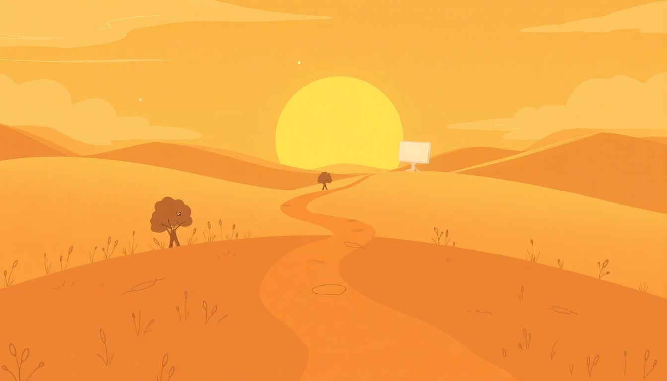 A serene landscape featuring a winding path that symbolizes clarity and simplicity, leading towards a bright, glowing animation screen at the horizon. The scene is embellished with whimsical, stylized icons representing key techniques such as script writing, engagement, and clarity along the path. The overall color palette is warm and inviting, creating a sense of creativity and inspiration, while the minimalistic composition makes the image easy to interpret.