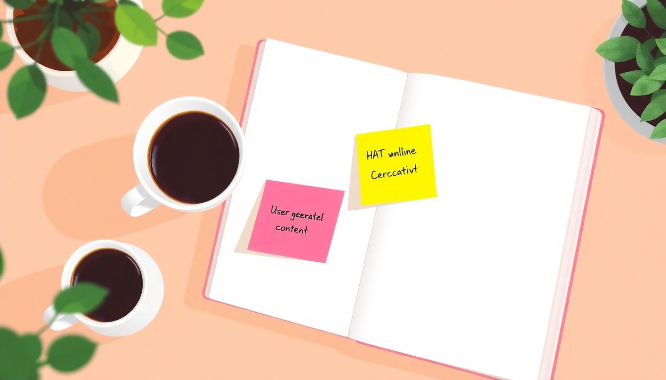 Alt text: "A minimalistic illustration of an open notebook surrounded by colorful sticky notes, each displaying different ideas, symbolizing user-generated content in online learning. The scene is complemented by a cozy cup of coffee and a green plant, creating a warm and inviting atmosphere that reflects community and creativity in a study environment."