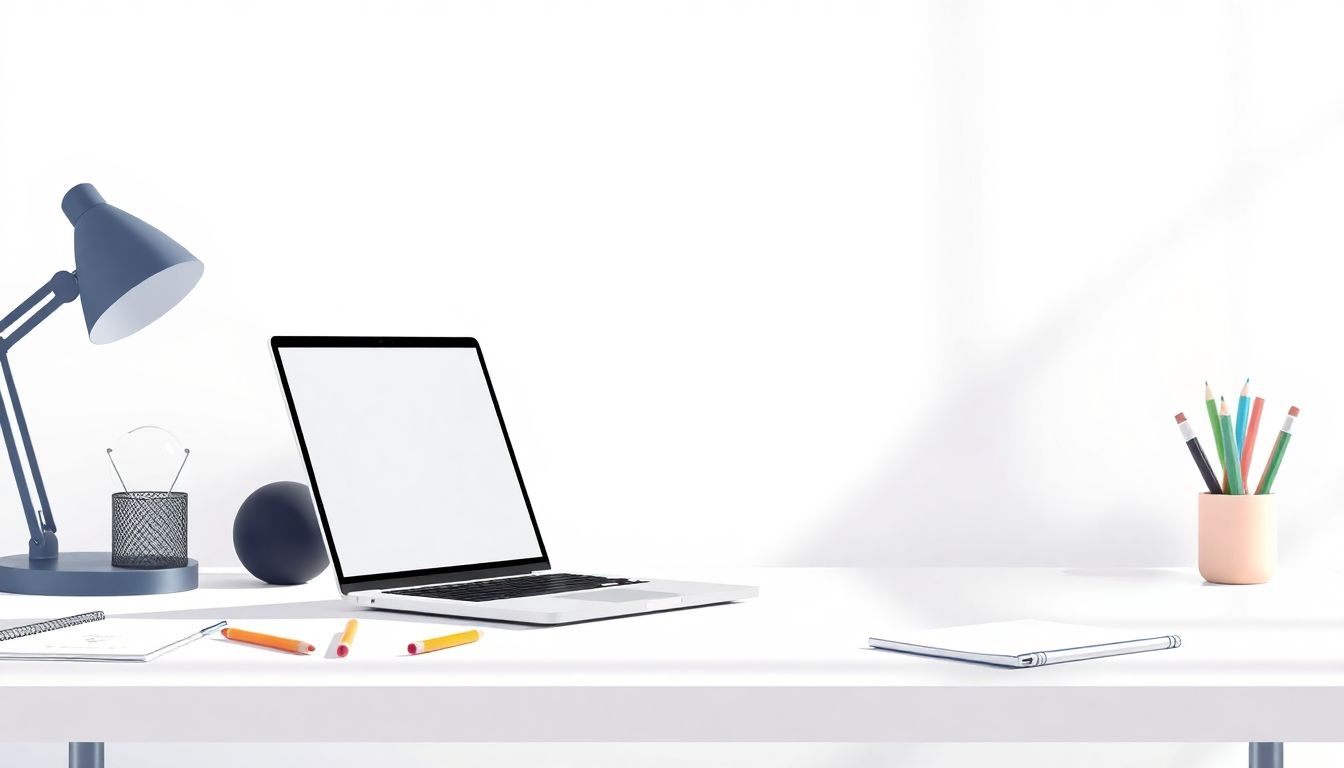 Alt text: "A minimalist work desk featuring an open laptop displaying a colorful infographic in progress. Nearby, there are design tools such as pencils and a sketchbook. The scene is brightly lit with a soft backdrop, creating a creative and inspiring atmosphere that emphasizes clarity and simplicity."