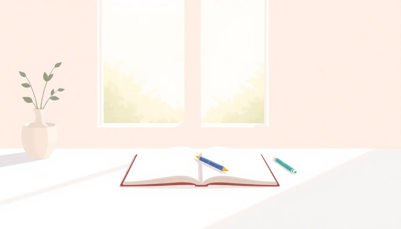 Alt text: "A minimalist workspace showcasing reflective learning, featuring an open notebook and a pen in soft, natural light. The background consists of calming pastel colors, with subtle hints of nature including a small plant and a window revealing a peaceful outdoor scene. The overall atmosphere evokes inspiration and introspection, highlighting the transformative nature of reflective practices."