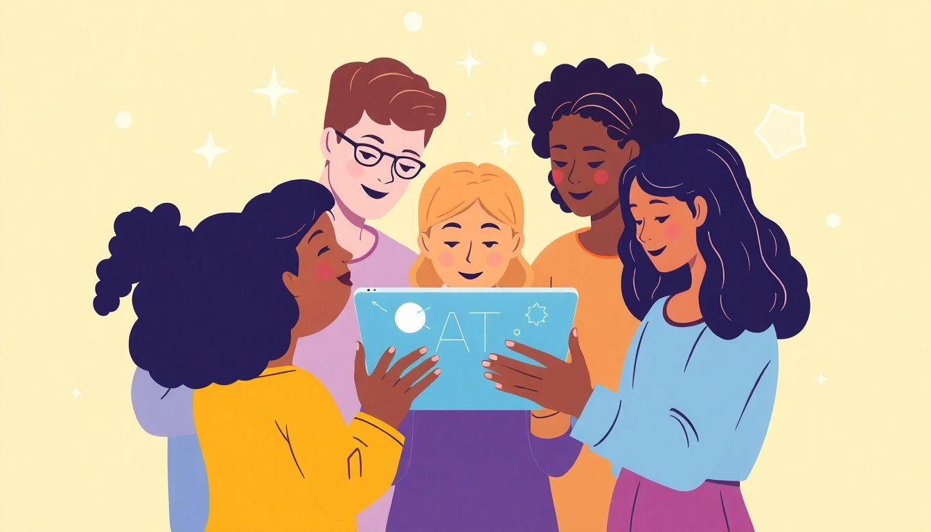 Alt text: "A minimalist illustration showcasing personalized learning through AI, featuring a diverse group of students interacting with tablets that adapt to their individual learning styles. The design uses soft colors and gentle lines to create a collaborative atmosphere. Surrounding the students are subtle abstract shapes and light symbols representing technology and adaptive learning, contributing to a clean and focused composition."