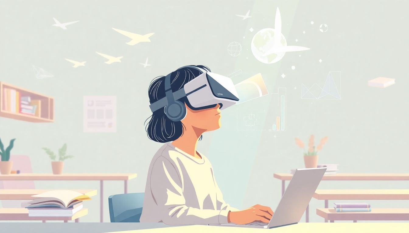 Alt text: "A futuristic classroom featuring a single student immersed in virtual reality, wearing a VR headset. The scene includes ethereal digital elements like floating books, interactive graphs, and vibrant landscapes that represent immersive learning. The design is minimalist with a soothing color palette, creating an inviting and inspiring atmosphere that highlights the transformative power of technology in education."