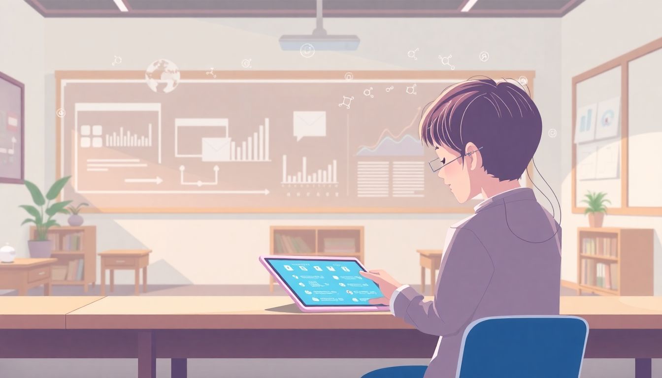 Alt text: "A serene classroom scene with a single student engaged with a futuristic tablet, showcasing personalized learning paths. The background features floating data charts and algorithms, symbolizing machine learning in education. The color palette is soft and inviting, creating an atmosphere of engagement and innovation, while the overall composition remains minimalistic."