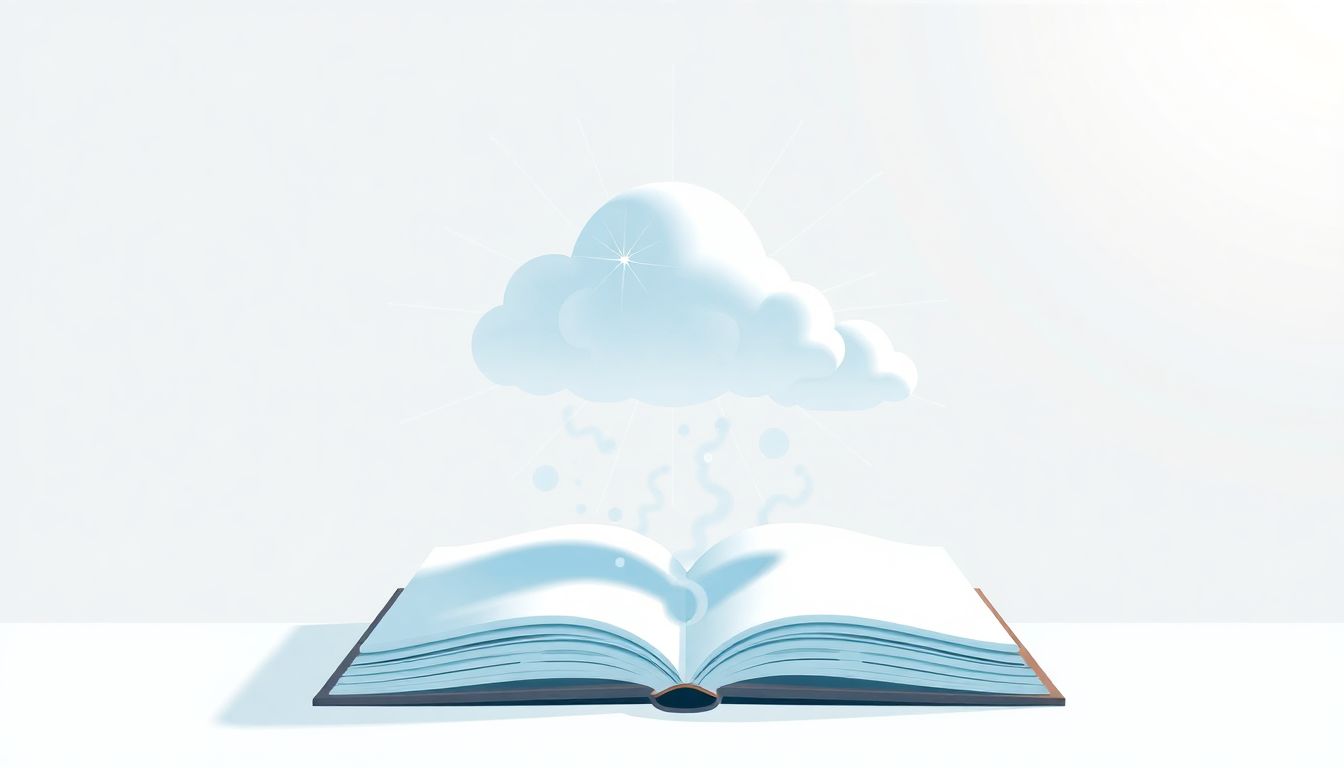 Alt text: "An illustration depicting the concept of cloud computing enhancing eLearning. A fluffy stylized cloud floats above an open book, with soft rays of light shining from the cloud onto the book, symbolizing the fusion of technology and education. The serene landscape features a calming color palette of blues and whites, while the minimalistic background emphasizes the connection between the cloud and the book, creating a tranquil atmosphere for learning."