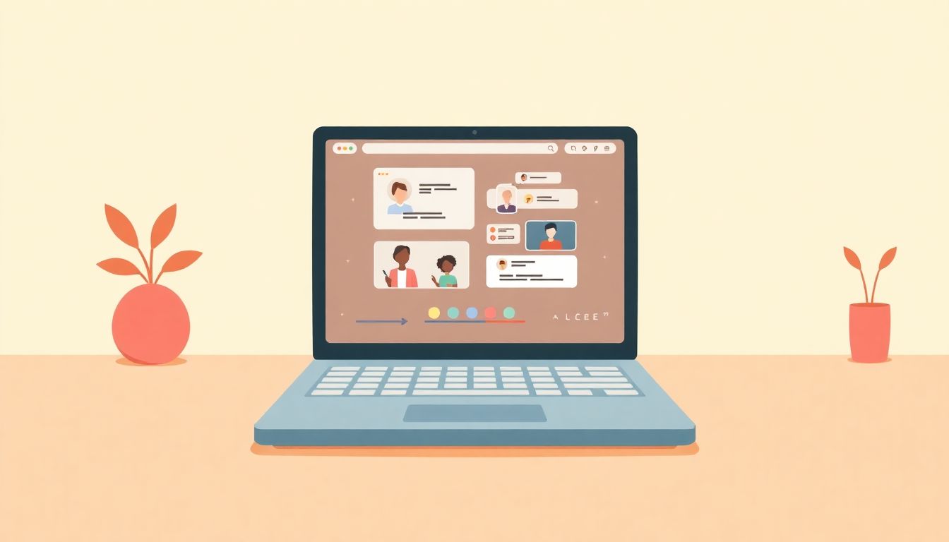 Alt text: "A tranquil digital classroom illustration featuring an open laptop displaying a lively online community chat. The surrounding area includes small, colorful icons symbolizing diverse learners and achievements. The use of warm, uplifting colors enhances the sense of community and engagement, while the minimal design emphasizes collaboration in online learning."